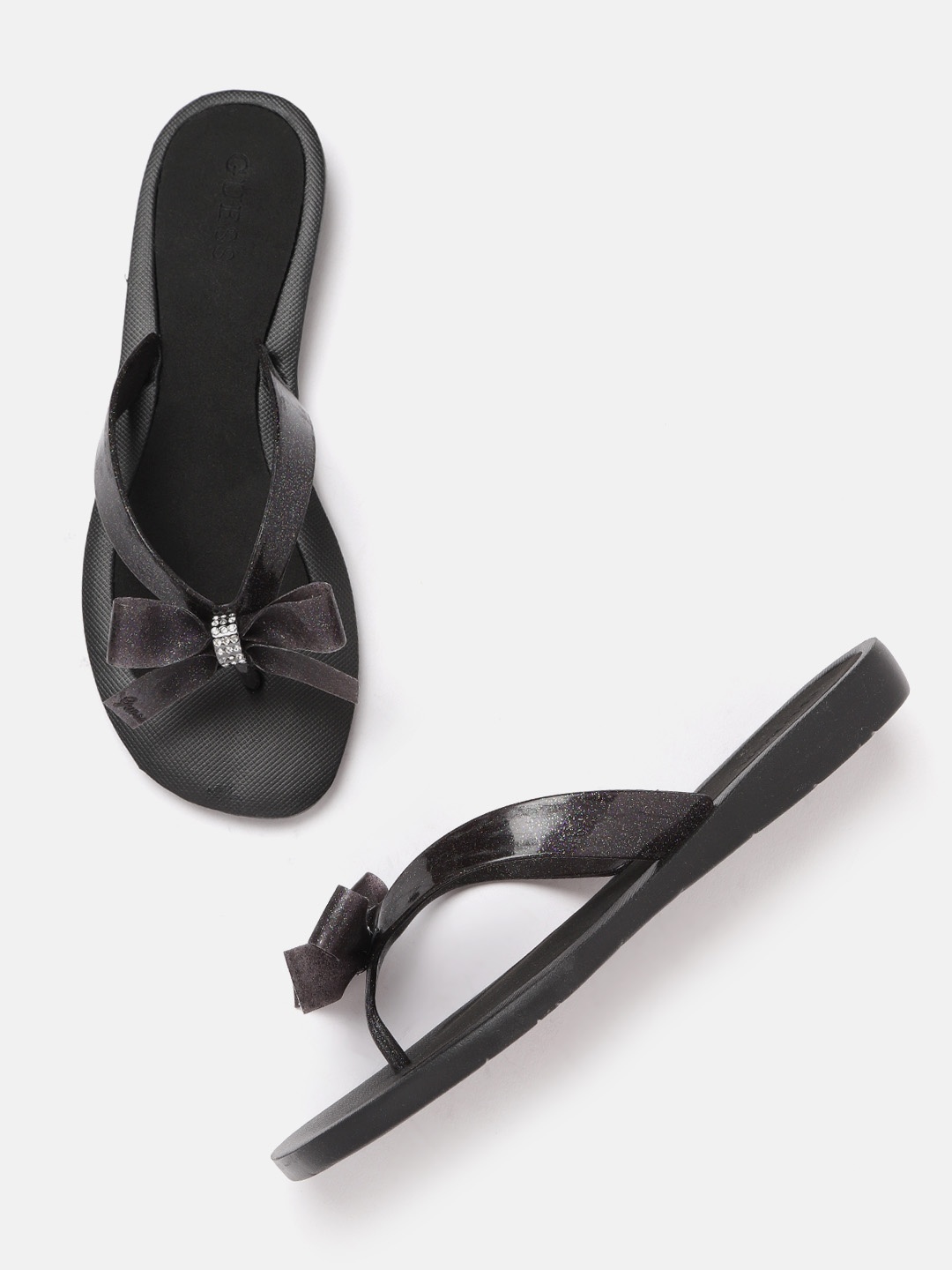

GUESS Women Black Shimmery Open Toe Flats with Upper Bow Detail