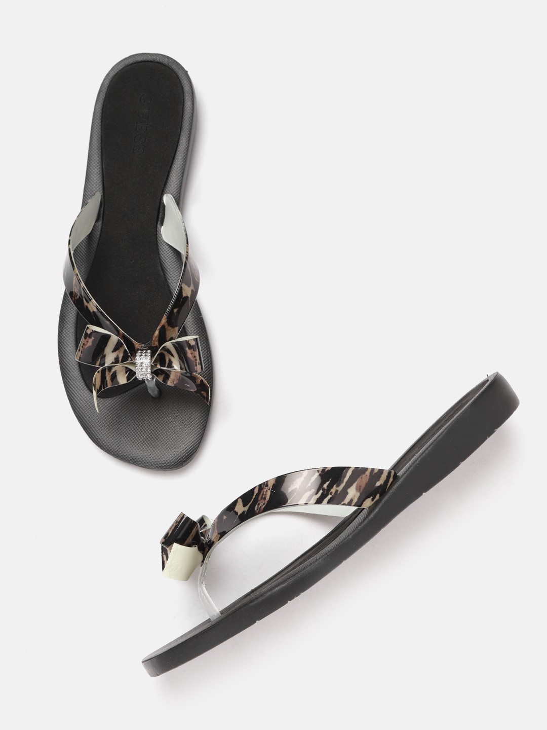 

GUESS Women Black & Brown Printed Open Toe Flats with Bows Detail