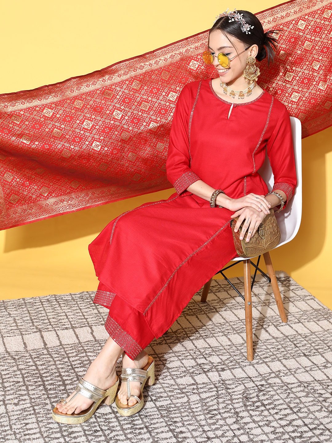 

Indo Era Women Red Solid Kurta with Palazzos & Dupatta