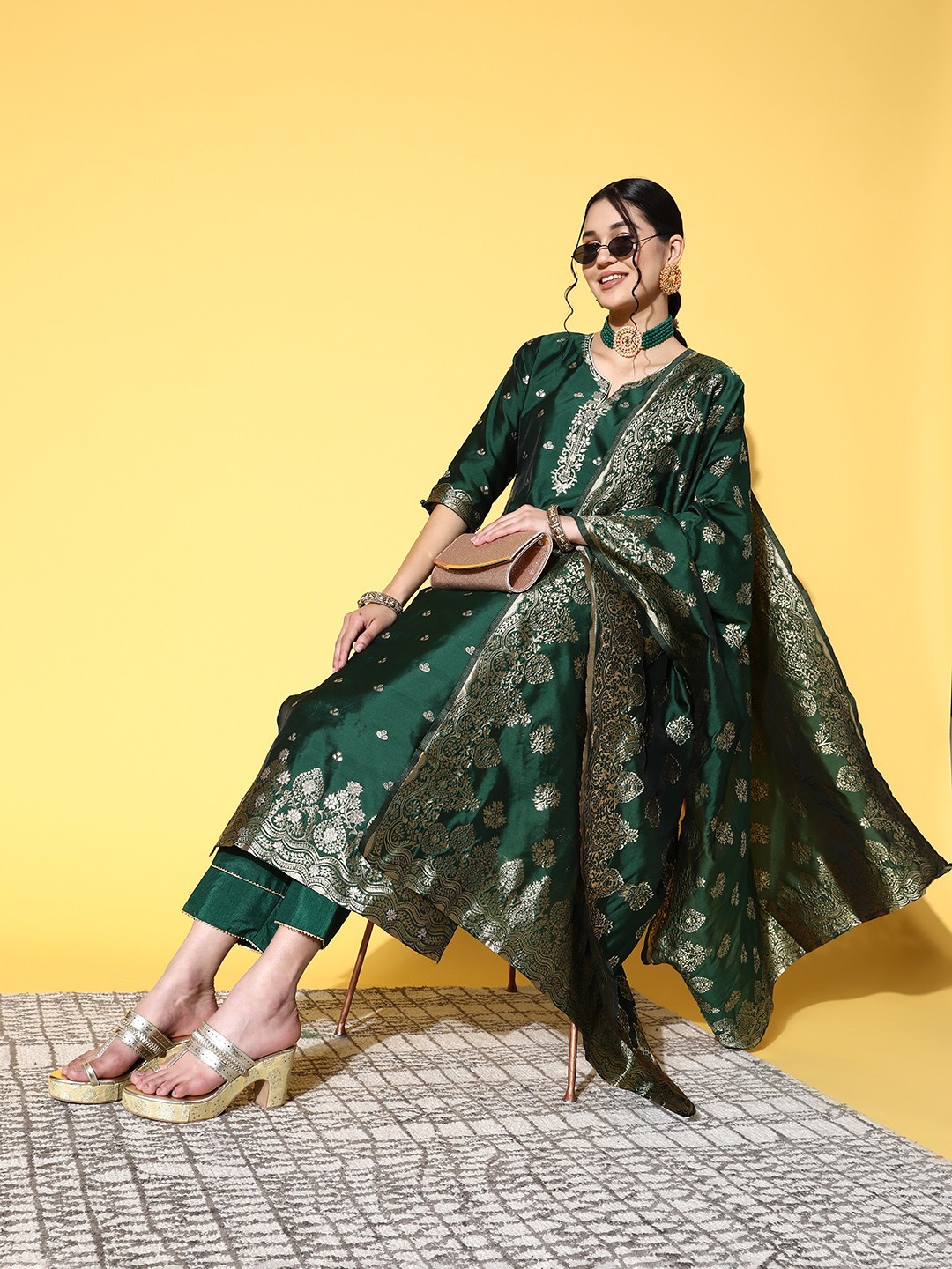 

Indo Era Women Green Ethnic Motifs Kurta with Trousers & With Dupatta