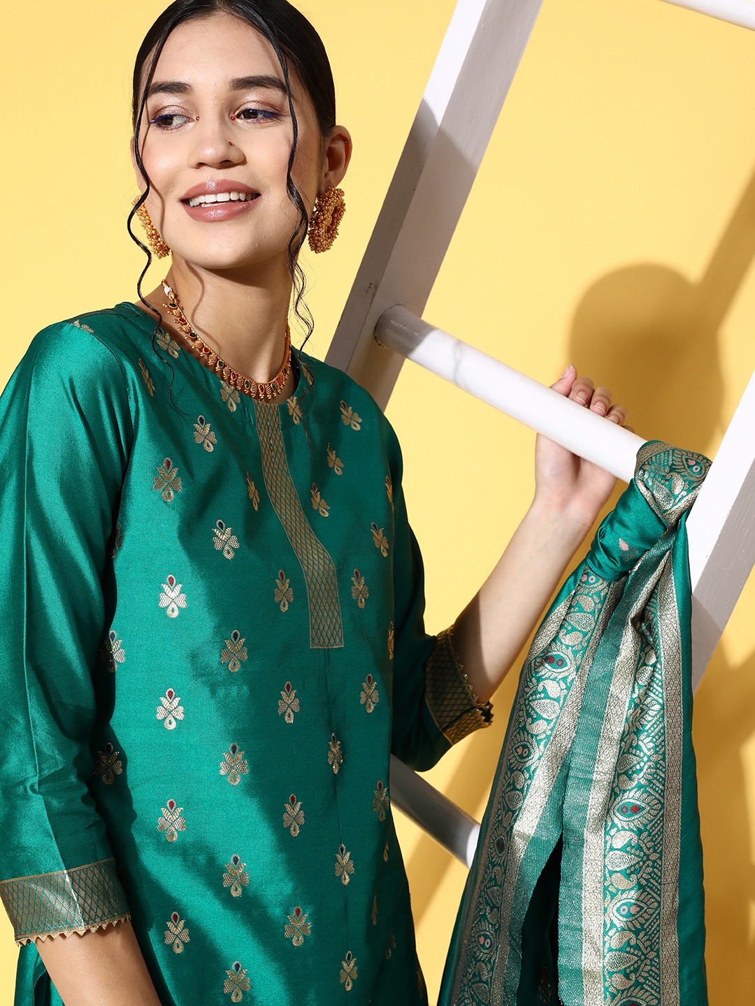 

Indo Era Women Teal Green Ethnic Motifs Woven Design Kurta with Trousers & Dupatta