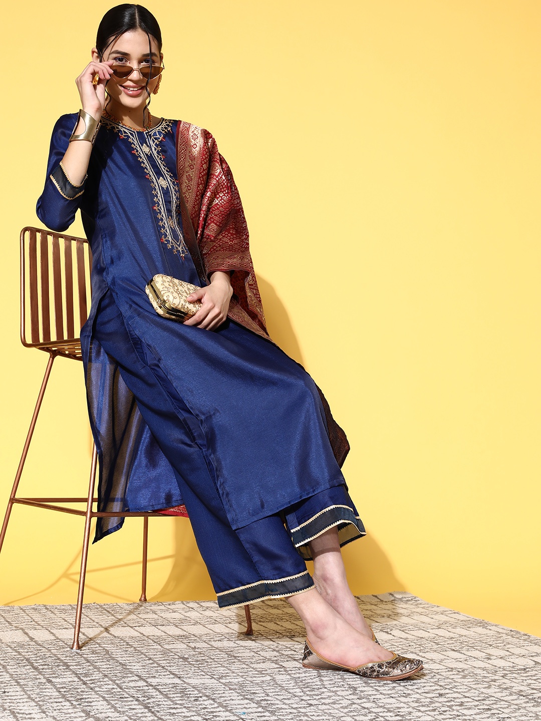 

Indo Era Women Navy Blue Ethnic Motifs Woven Design Sequined Kurta with Trousers & Dupatta