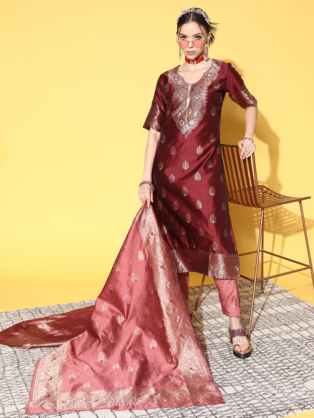 

Indo Era Women Maroon Ethnic Motifs Kurta with Trousers & With Dupatta