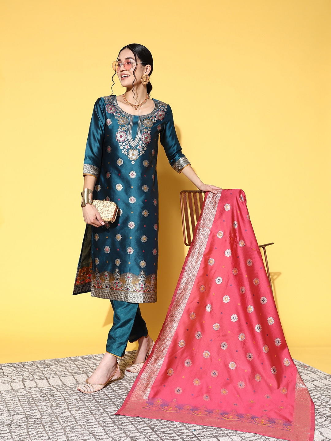 

Indo Era Women Teal Ethnic Motifs Woven Design Kurta with Palazzos & Dupatta