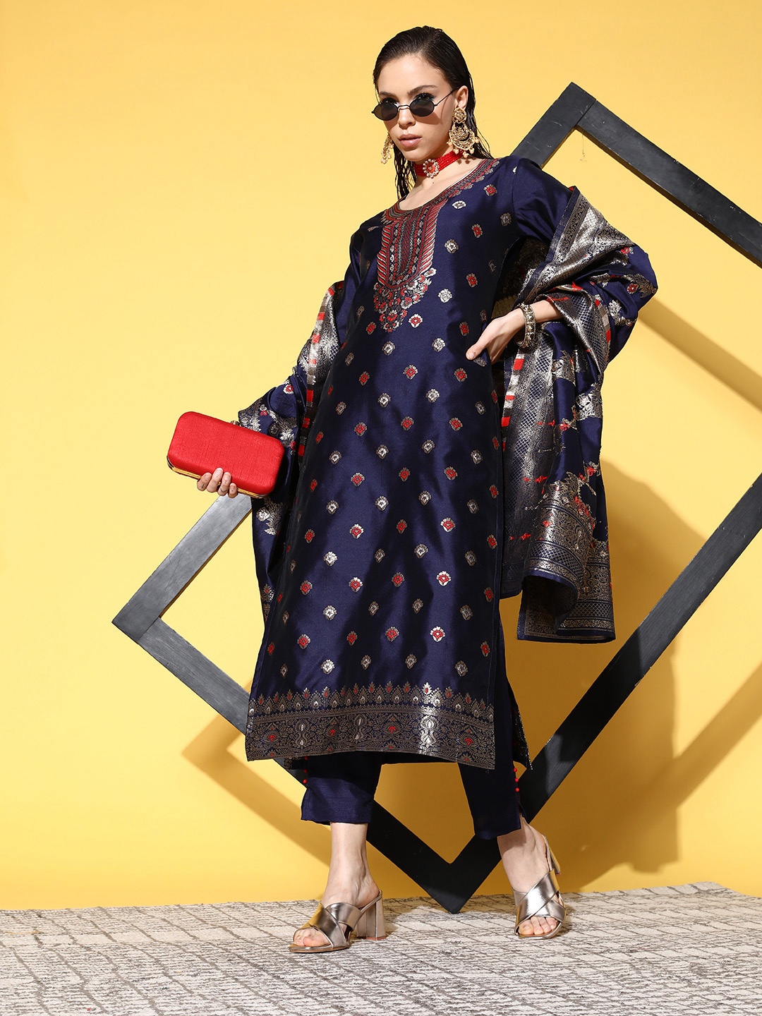 

Indo Era Women Navy Blue Ethnic Motifs Woven Design Kurta with Trousers & Dupatta