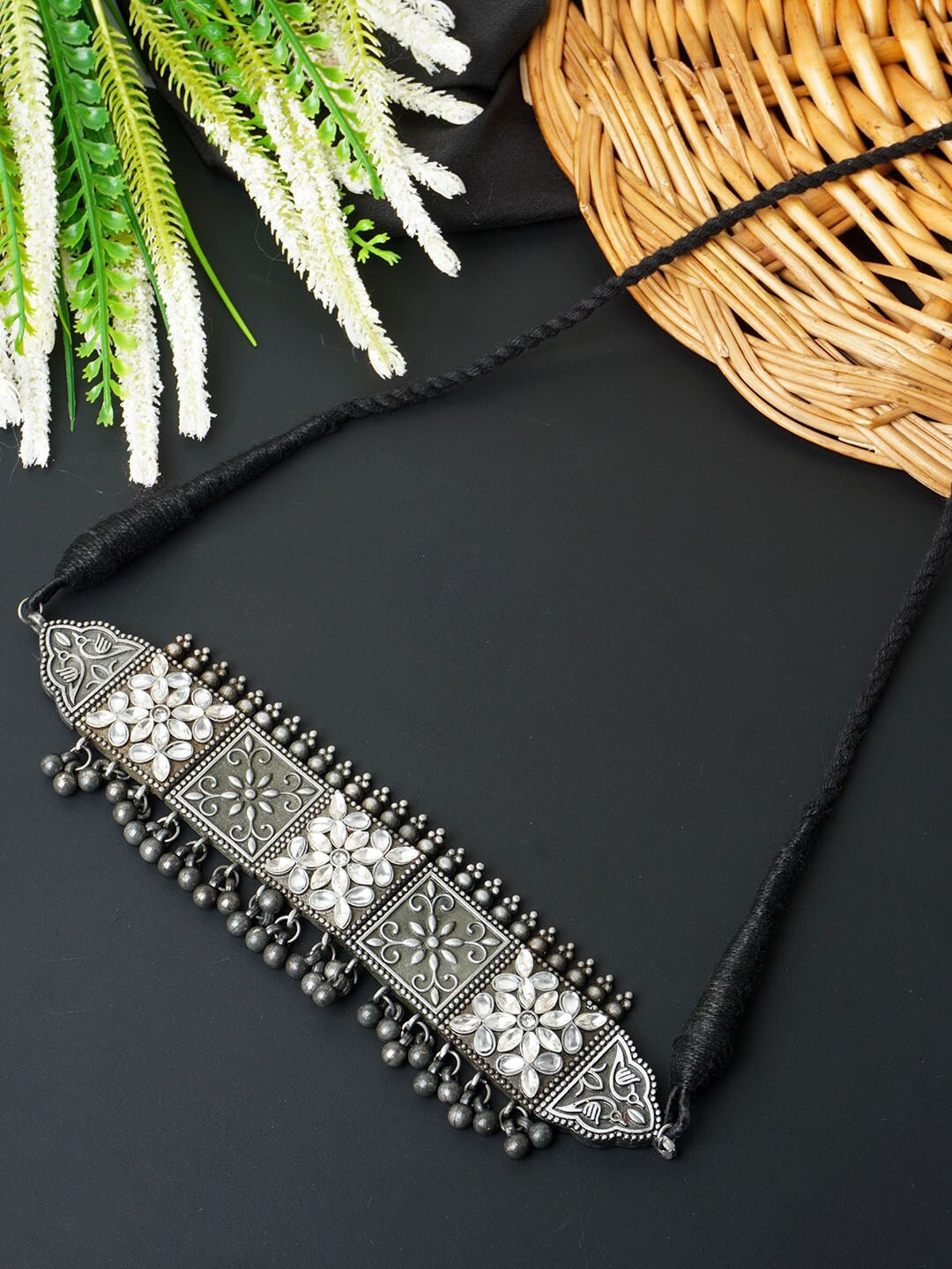 

Urmika Silver-Plated & White Oxidised Choker Necklace