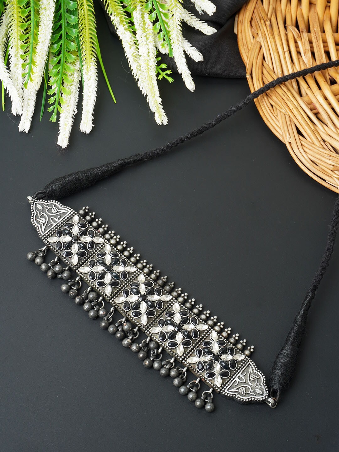 

Urmika Women Silver-Toned & Black Oxidised Necklace