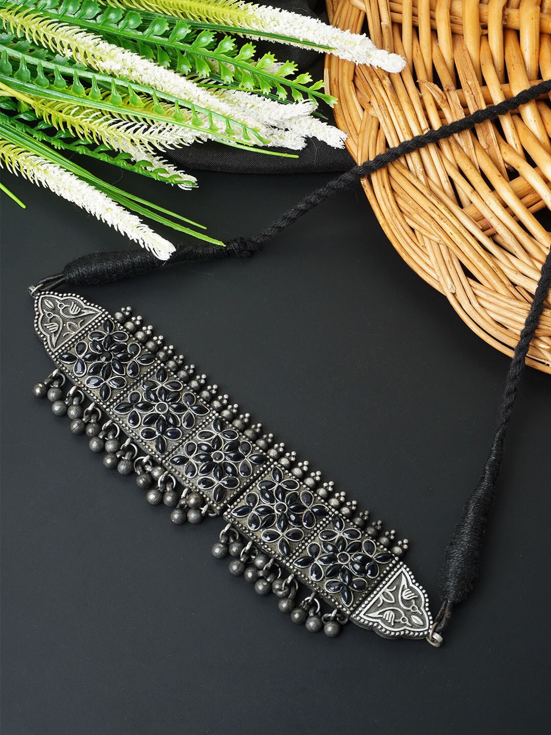 

Urmika Silver-Toned & Black Silver-Plated Necklace