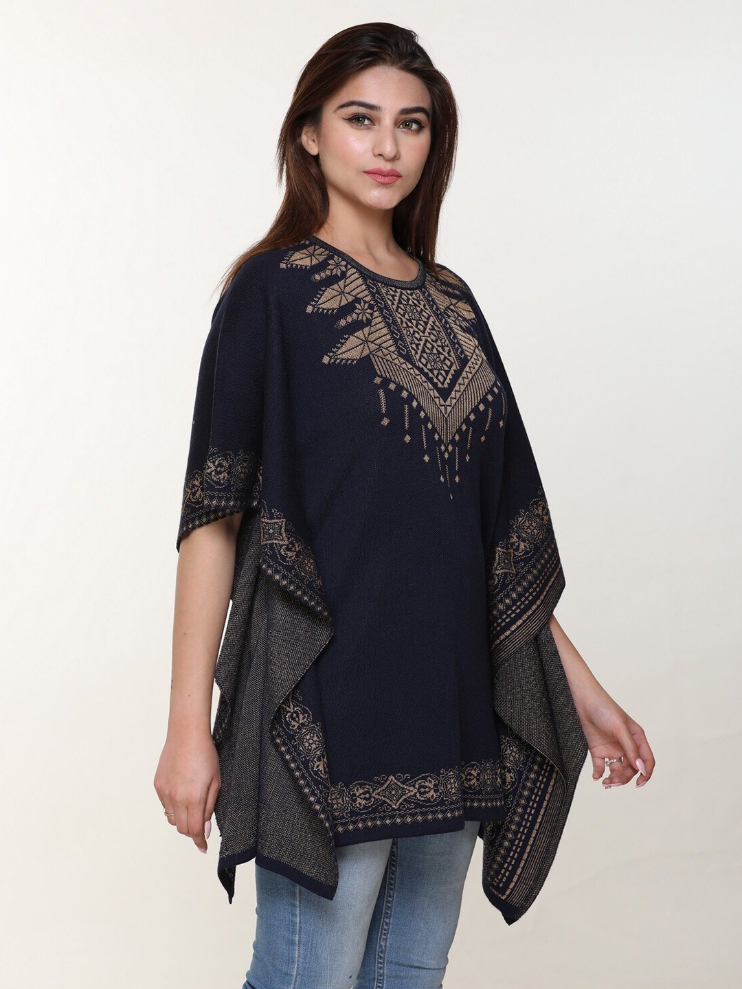 

KEIKO Women Navy Blue & Beige Printed Waterfall Shrug