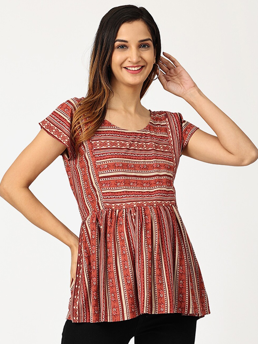 

The Mom Store Women Brown & Cream-Coloured Print Pure Cotton Maternity Top