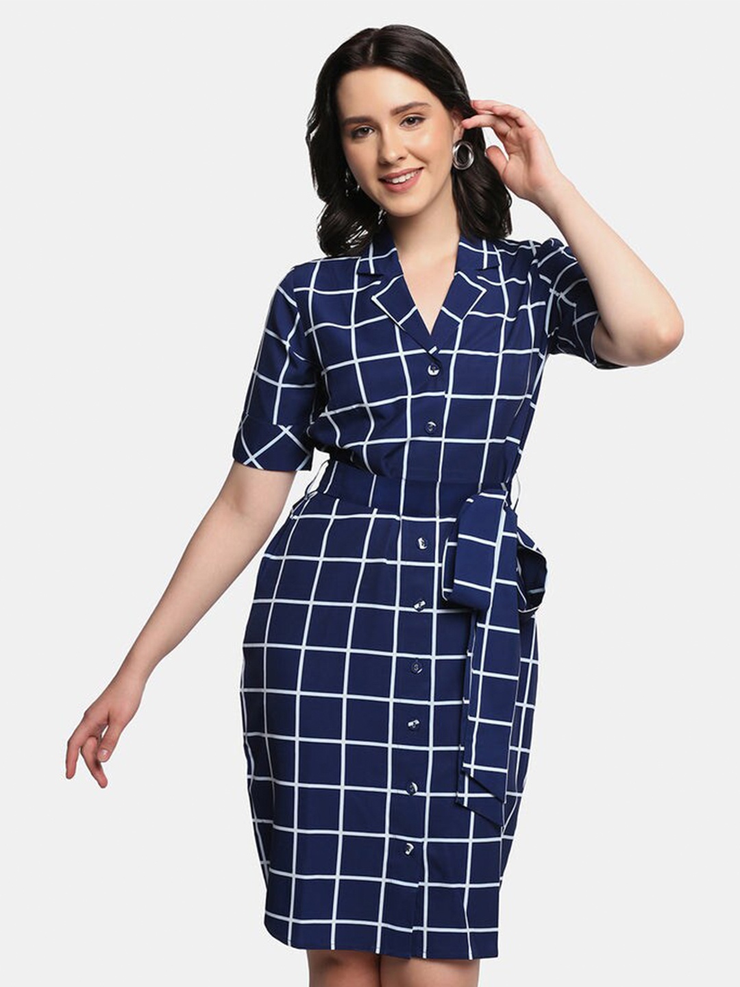 

PowerSutra Women Blue Checked Crepe Sheath Dress