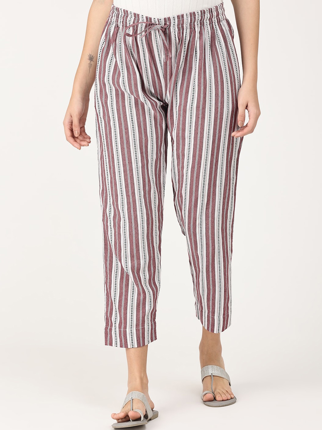 

The Mom Store Women Maternity Maroon & White Striped Pure Cotton Lounge Pants