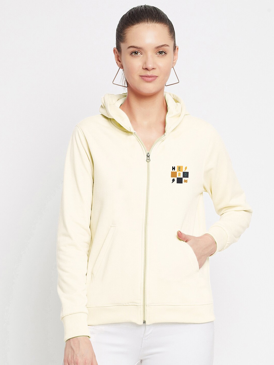 

FRENCH FLEXIOUS Women Off White Hooded Sweatshirt