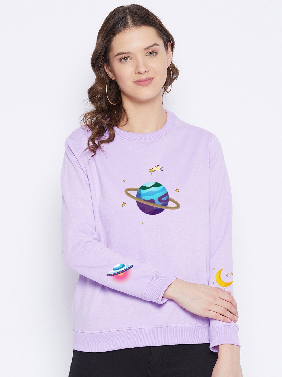 

FRENCH FLEXIOUS Women Purple Printed Fleece Sweatshirt
