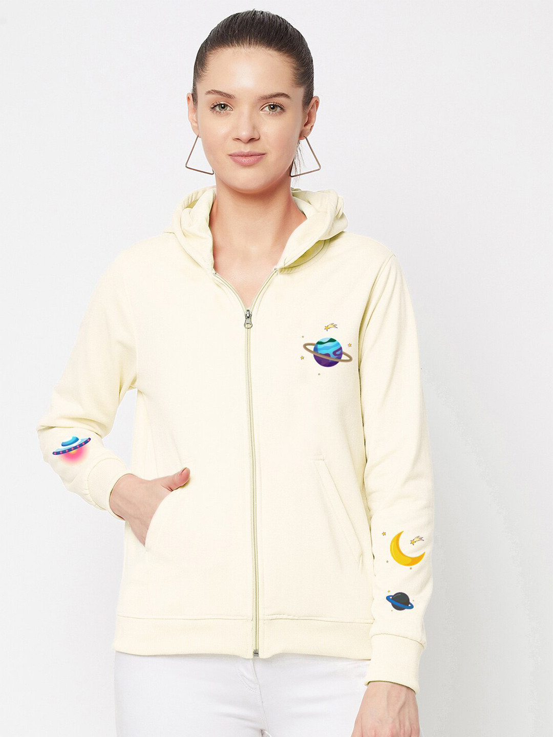 

FRENCH FLEXIOUS Women Plus Size Off White & Blue Printed Hooded Sweatshirt