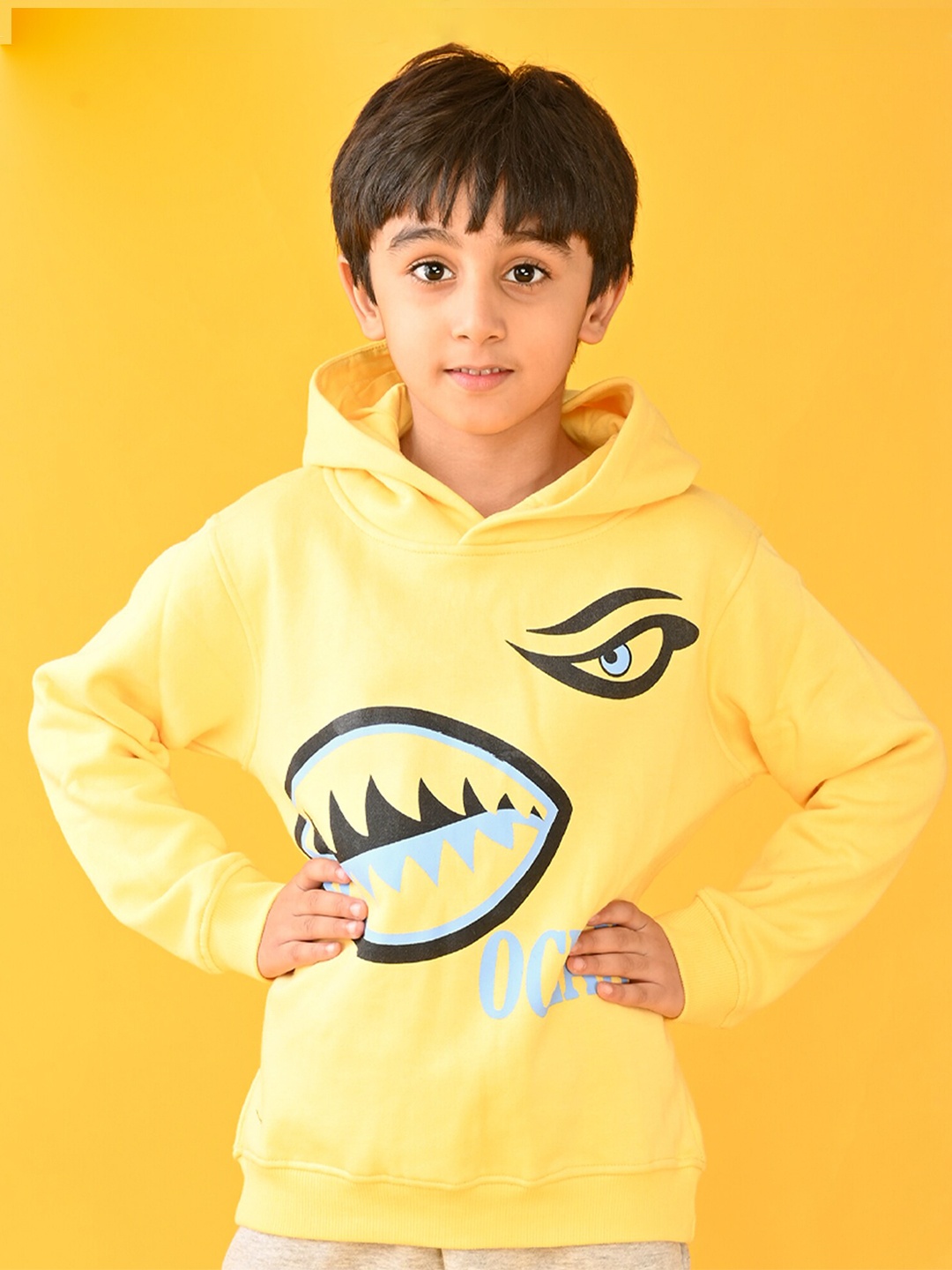 

Anthrilo Boys Yellow Printed Hooded Fleece Sweatshirt