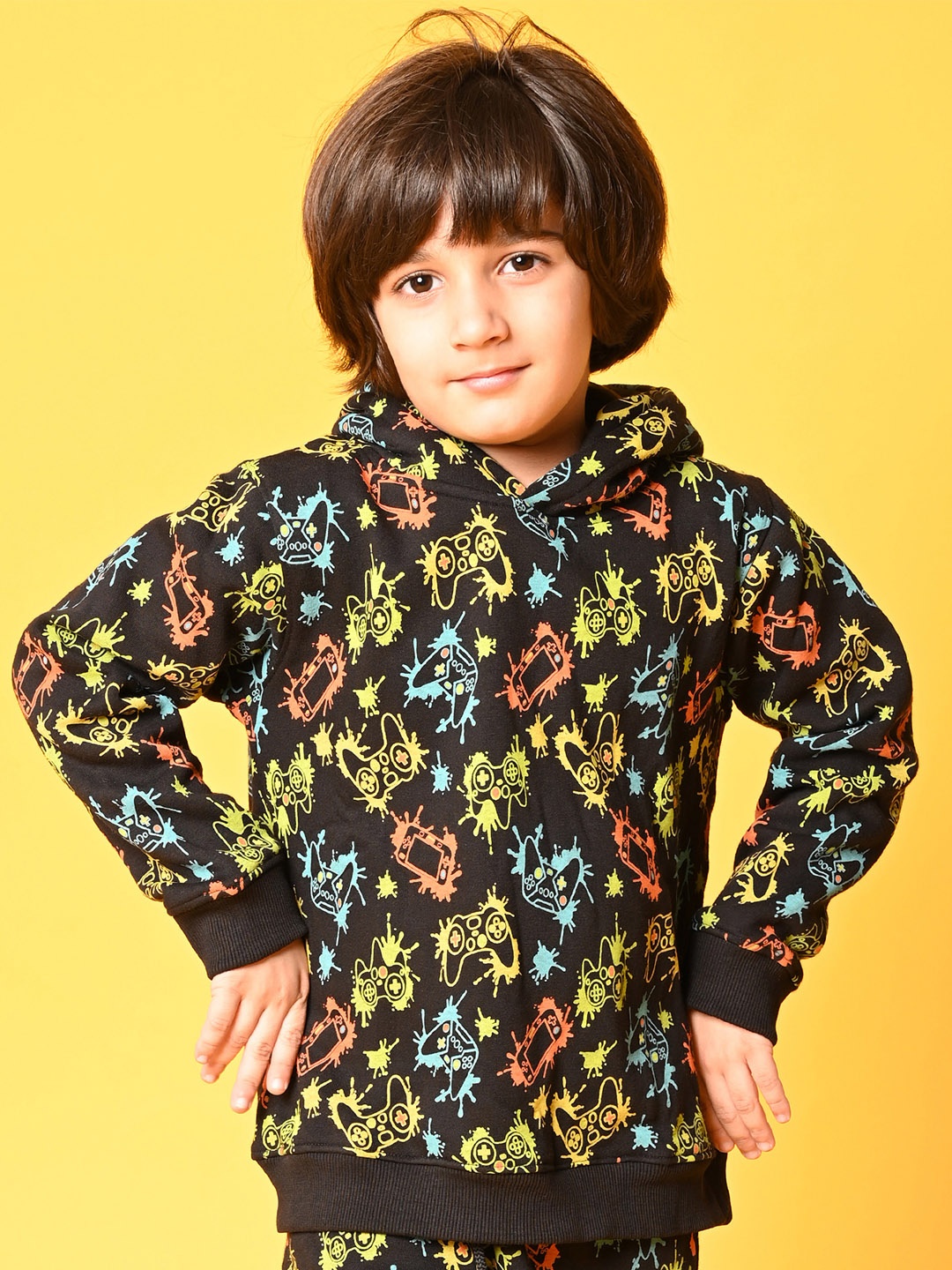 

Anthrilo Boys Black Printed Hooded Sweatshirt