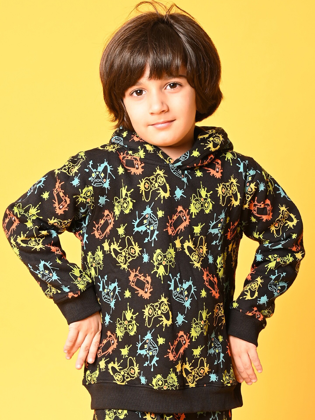 

Anthrilo Boys Black Printed Hooded Sweatshirt