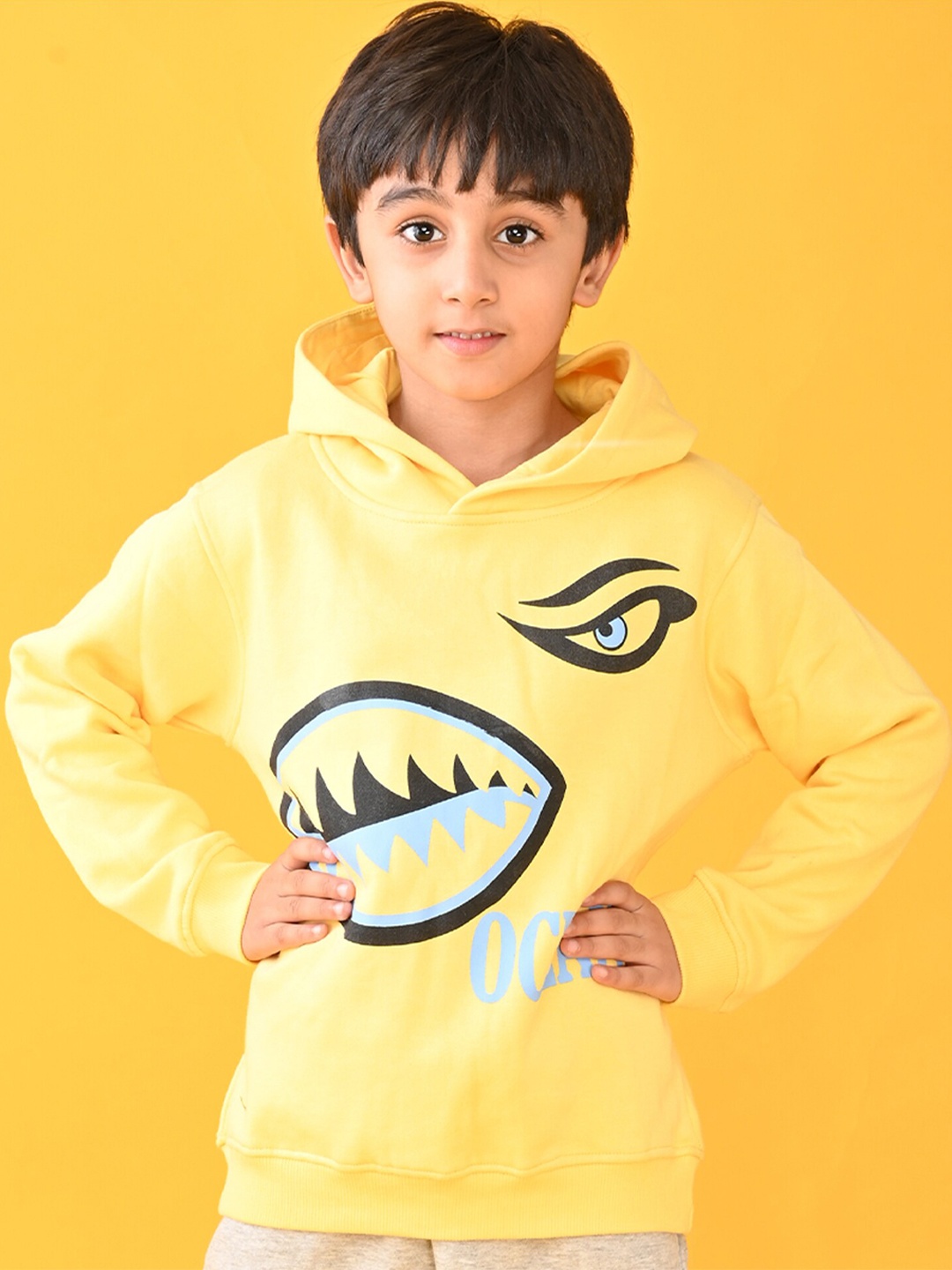 

Anthrilo Boys Yellow Printed Hooded Sweatshirt