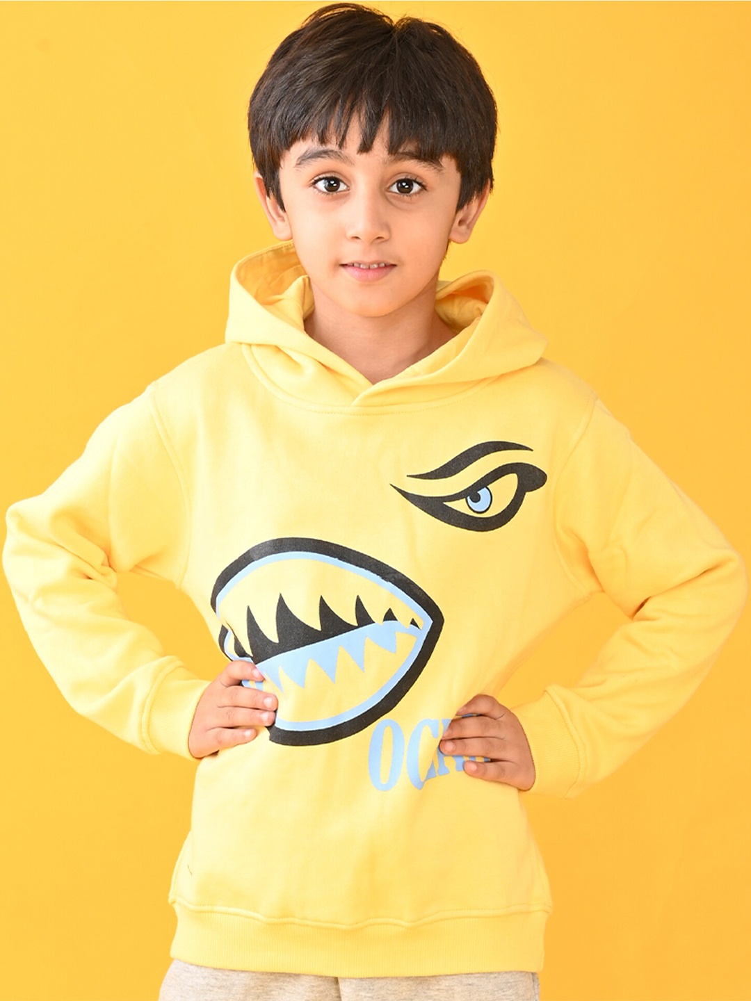 

Anthrilo Boys Yellow Printed Hooded Sweatshirt