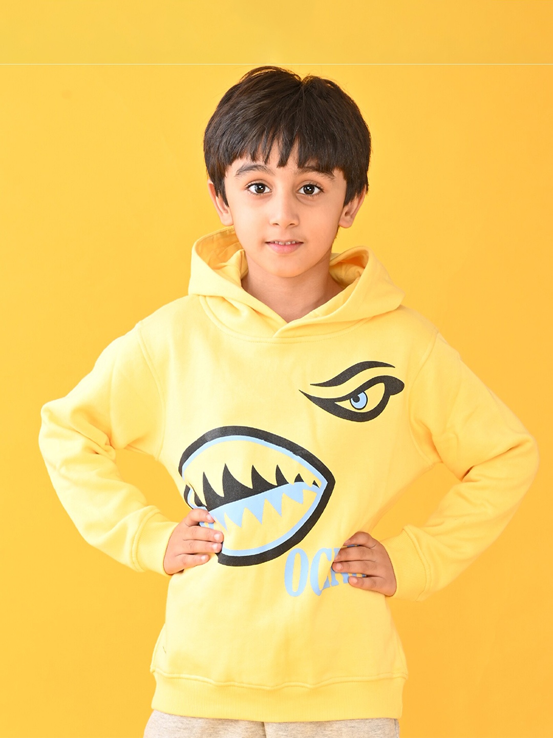 

Anthrilo Boys Yellow Printed Hooded Sweatshirt