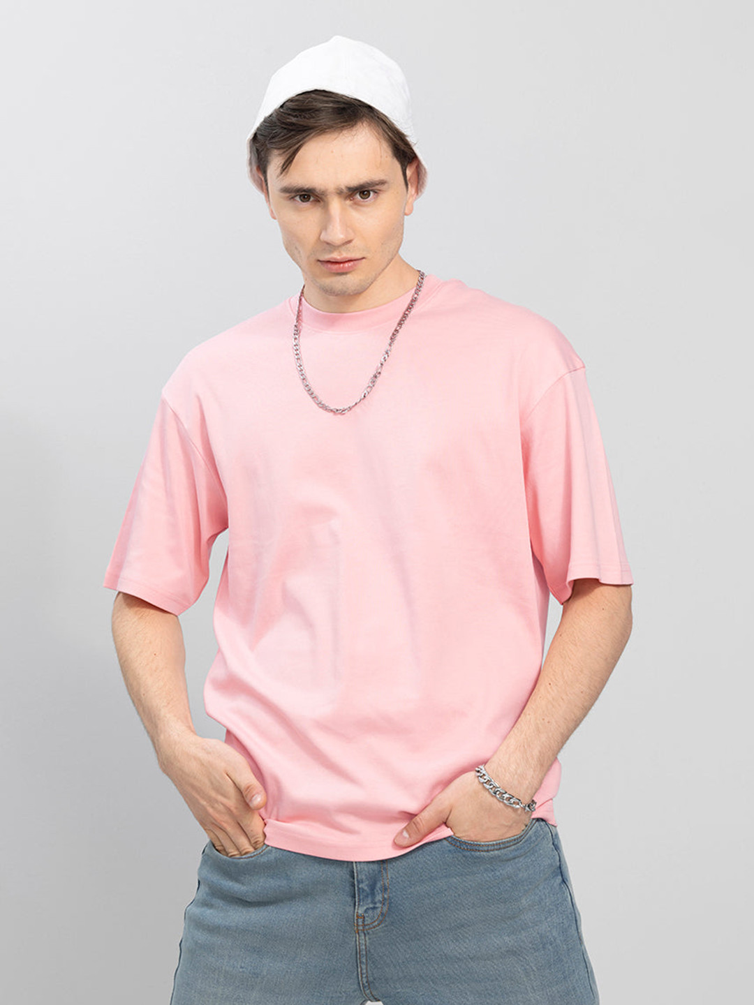 

Snitch Men Pink Drop-Shoulder Sleeves Raw Edge Boxy Cotton T-shirt