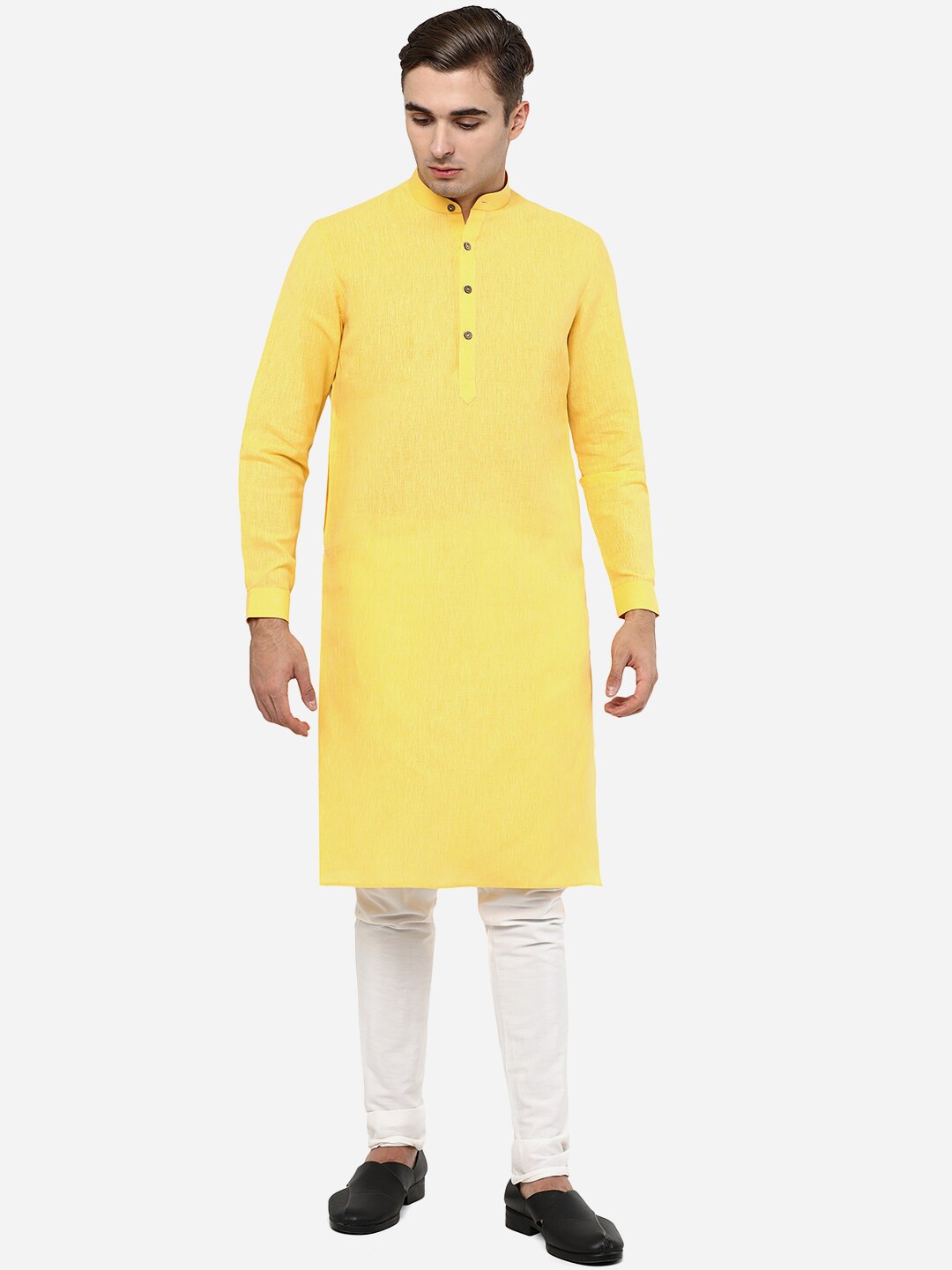 

JADE BLUE Men Yellow Mandarin Collar Cotton Kurta