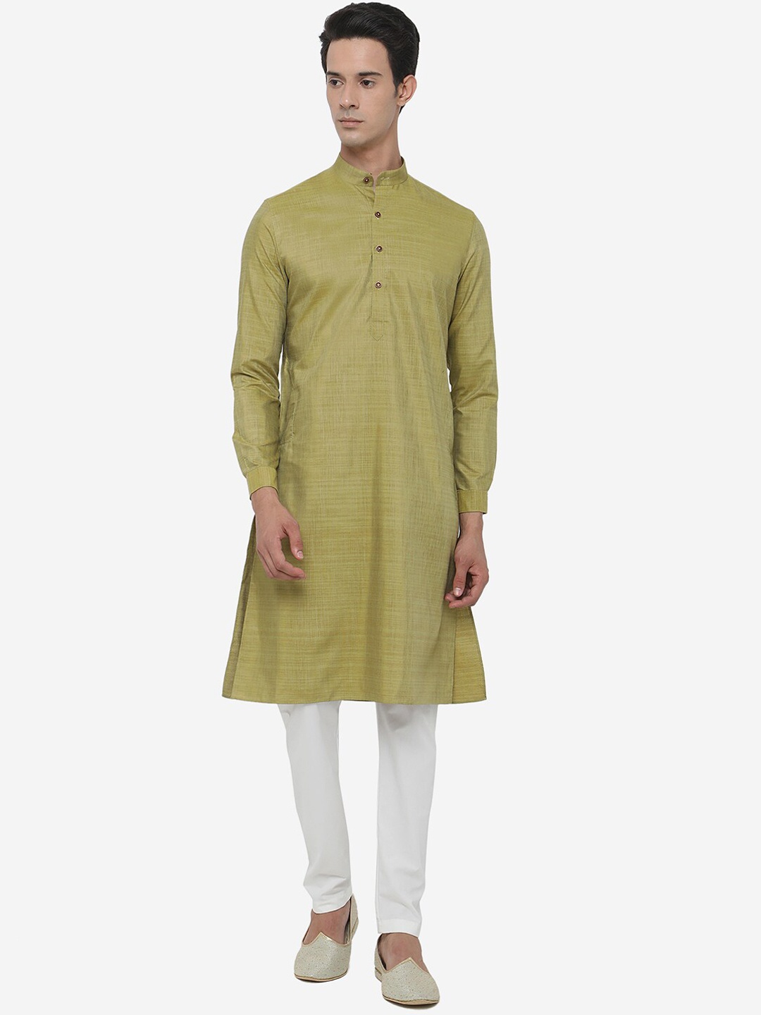 

Modi Kurta Men Green Cotton Solid Mandarin Collar Kurtas