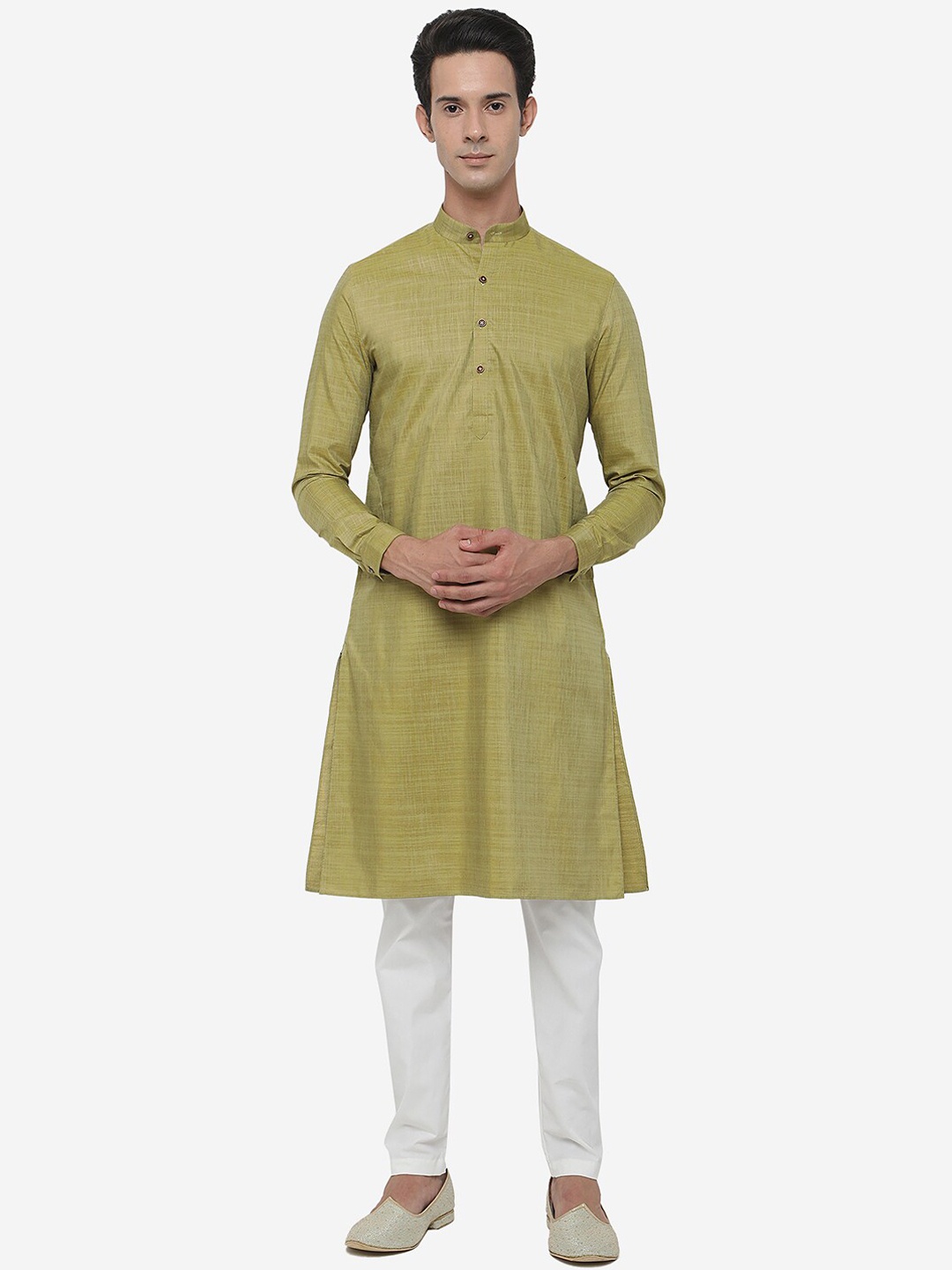 

Modi Kurta Men Green Cotton Solid Mandarin Collar Kurta