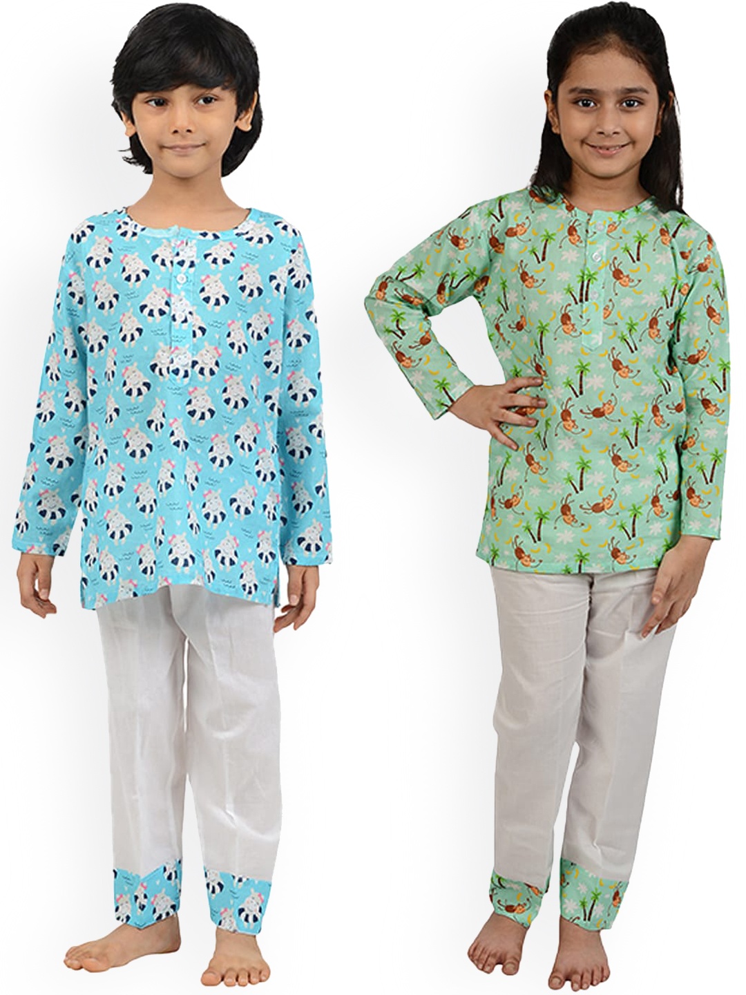 

frangipani Boys Pack of 2 Blue & Green Printed Pure Cotton Night suit