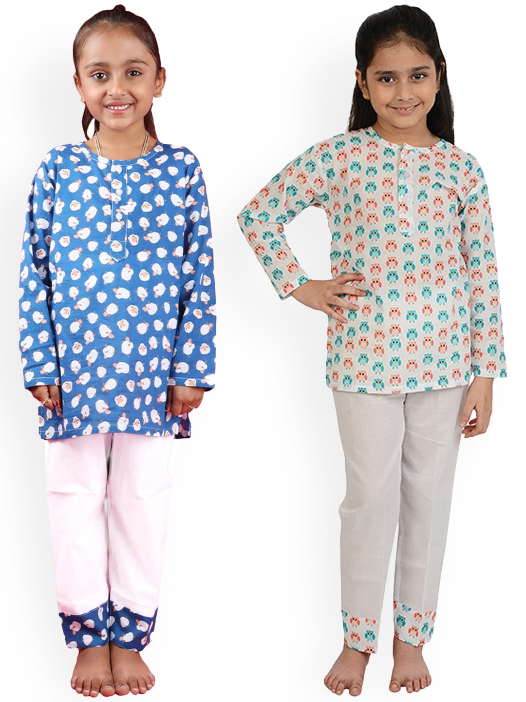 

frangipani Girls Set Of 2 White & Blue Printed Night suit