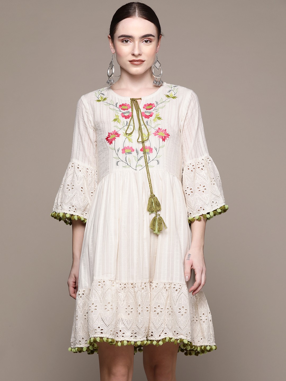 

Ishin Off White & Green Floral Embroidered Tie-Up Neck Cotton Ethnic A-Line Dress