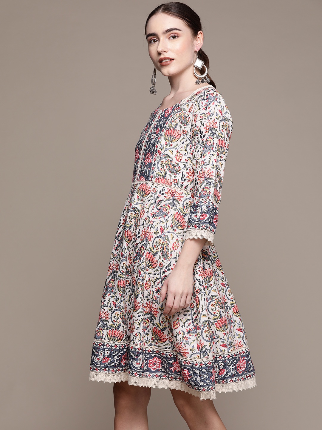 

Ishin White & Grey Floral Ethnic Cotton A-Line Dress