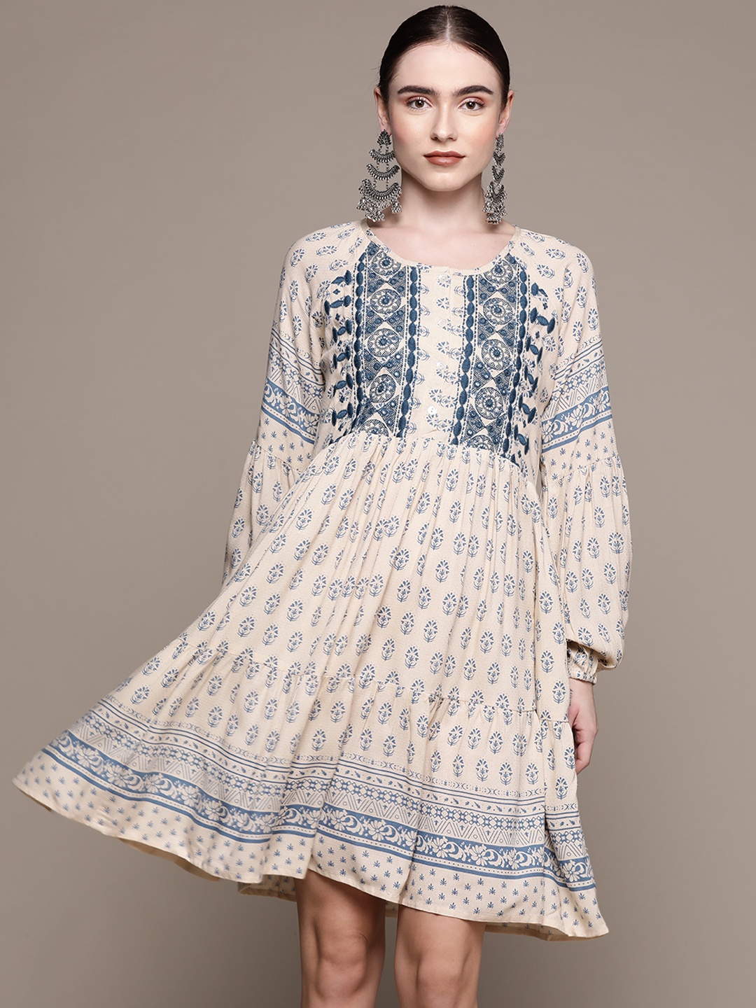 

Ishin Beige & Navy Blue Ethnic Motifs Embroidered Ethnic Cotton A-Line Dress