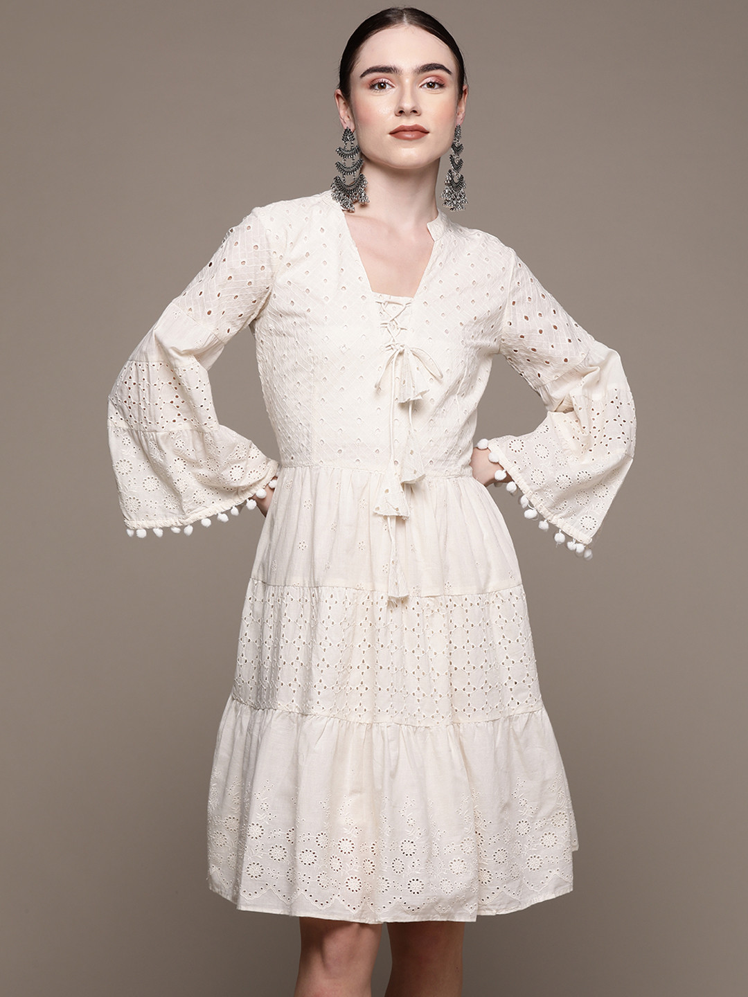 

Ishin Off White Tie-Up Neck Ethnic Cotton A-Line Dress