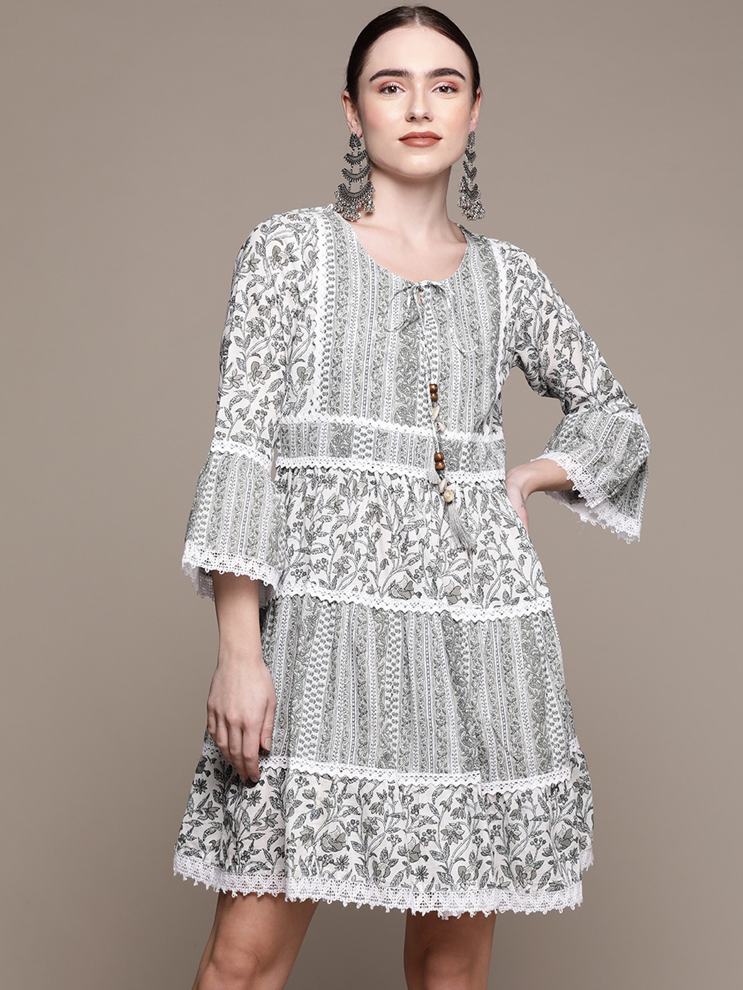 

Ishin White & Olive Green Floral Tie-Up Neck Cotton Ethnic A-Line Dress