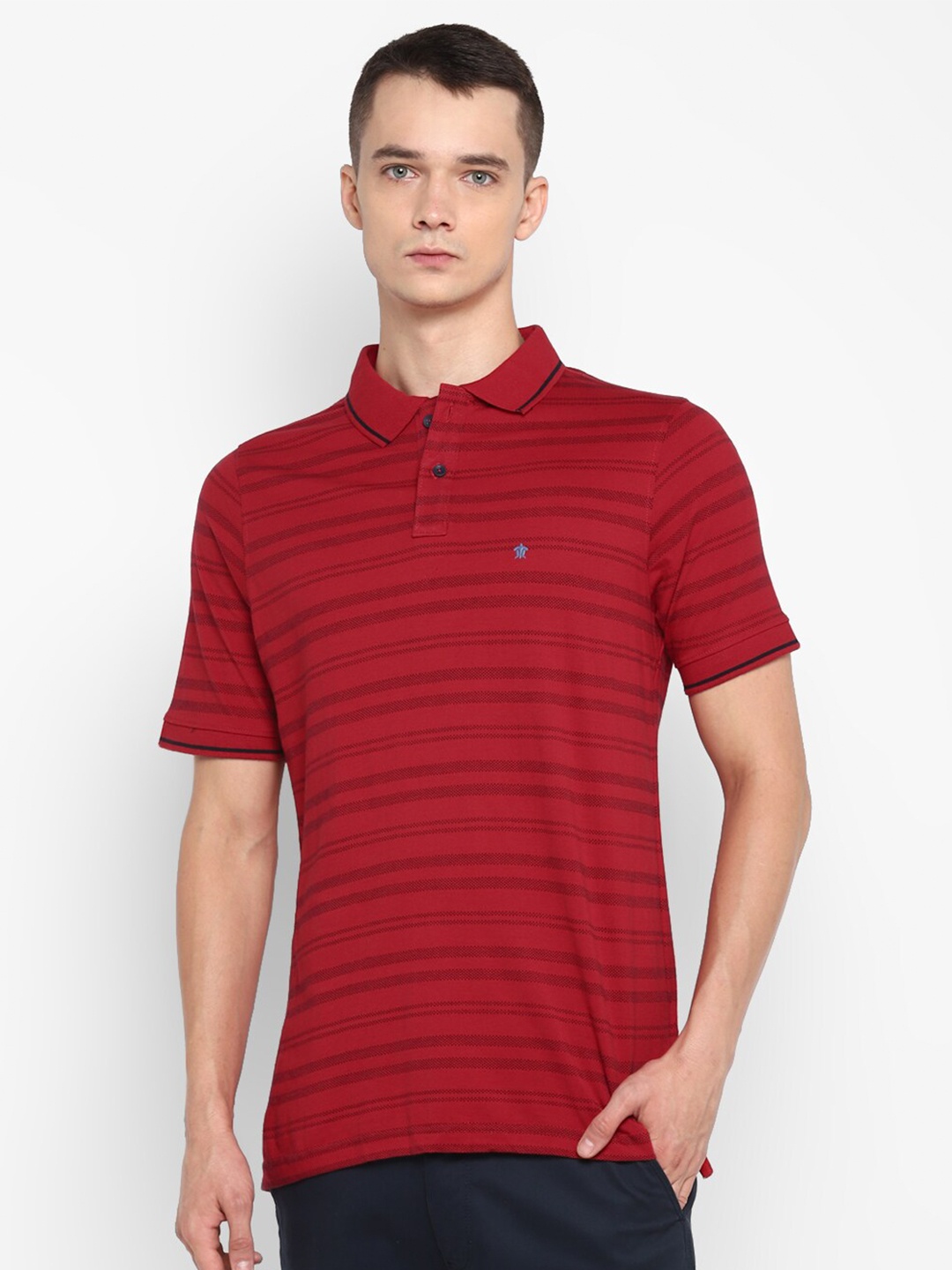 

Turtle Men Red Striped Polo Collar Slim Fit T-shirt
