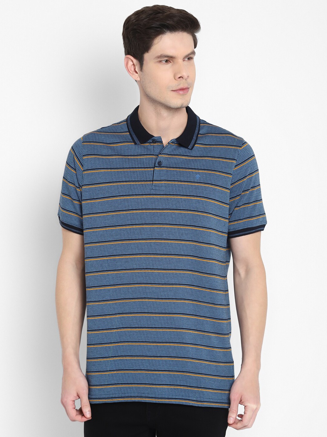 

Turtle Men Blue & Yellow Striped Polo Collar Slim Fit Cotton T-shirt