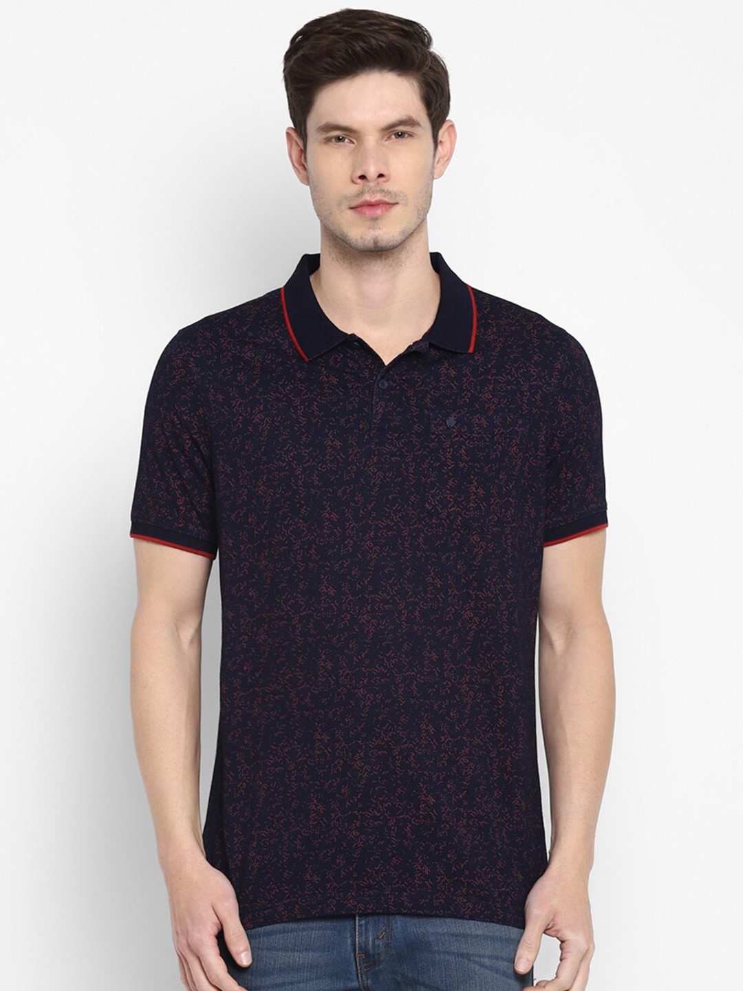 

Turtle Men Navy Blue Printed Polo Collar Pure Cotton Slim Fit T-shirt