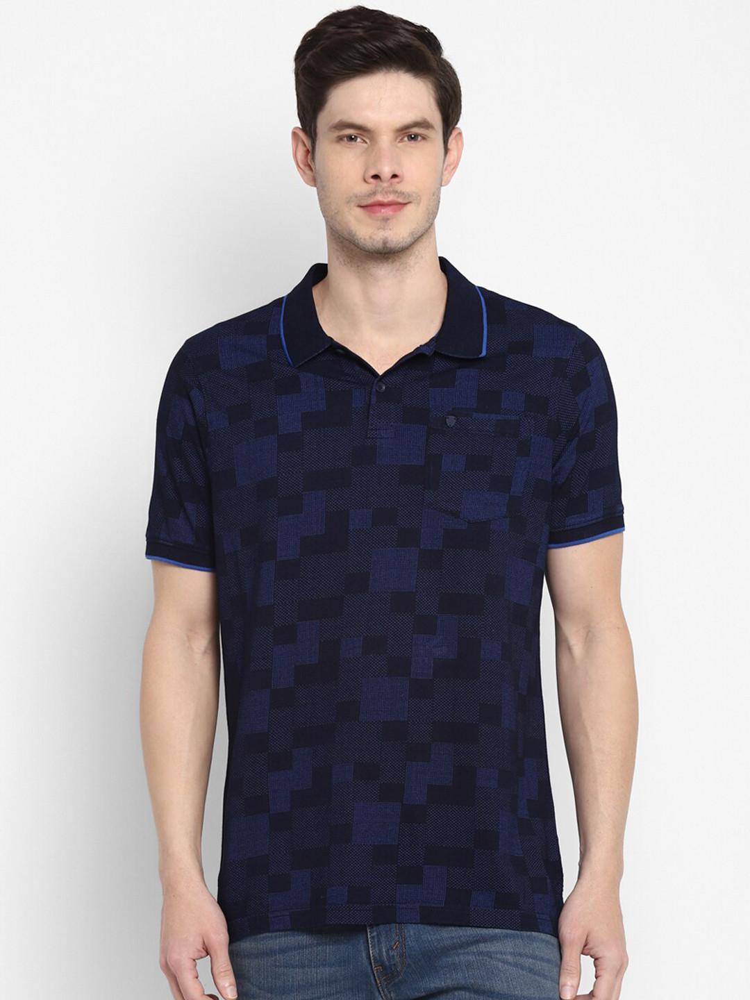 

Turtle Men Navy Blue Self Design Pure Cotton Polo Collar T-shirt