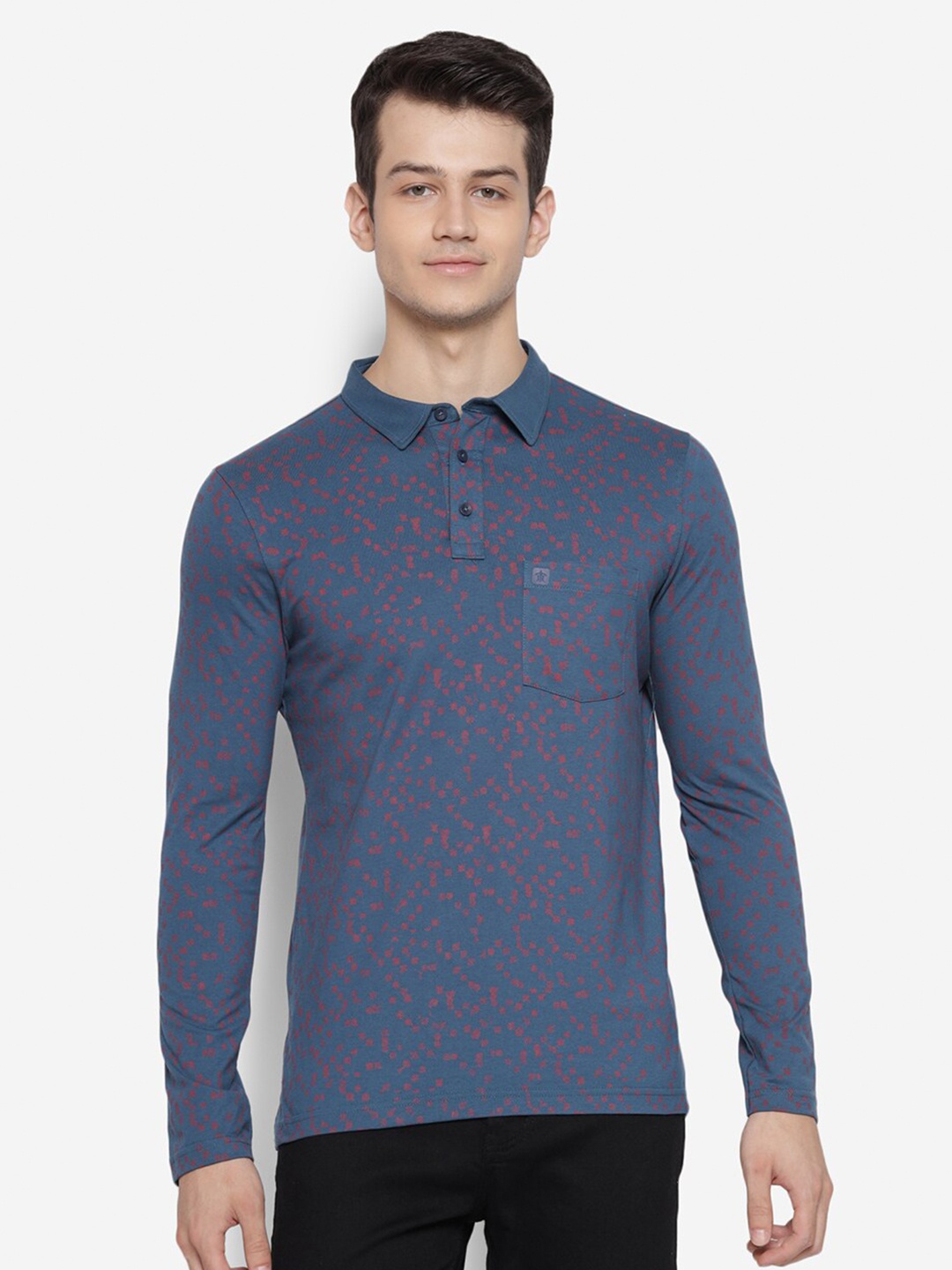 

Turtle Men Blue Printed Polo Collar Slim Fit Cotton T-shirt