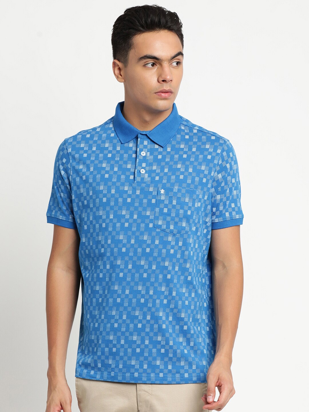 

Turtle Men Blue Printed Pure Cotton Polo Collar T-shirt