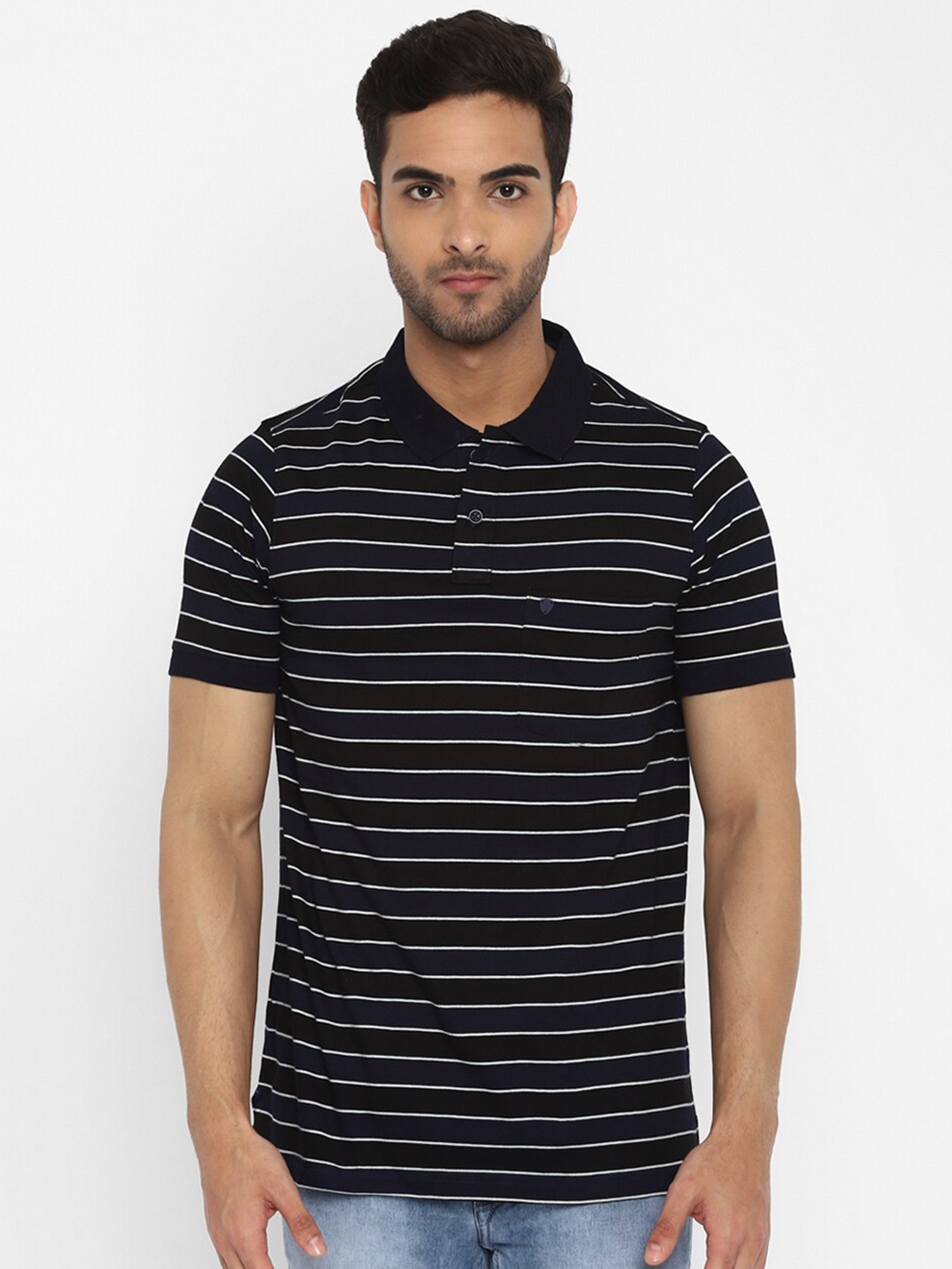 

Turtle Men Navy Blue Striped Polo Collar Slim Fit Cotton T-shirt