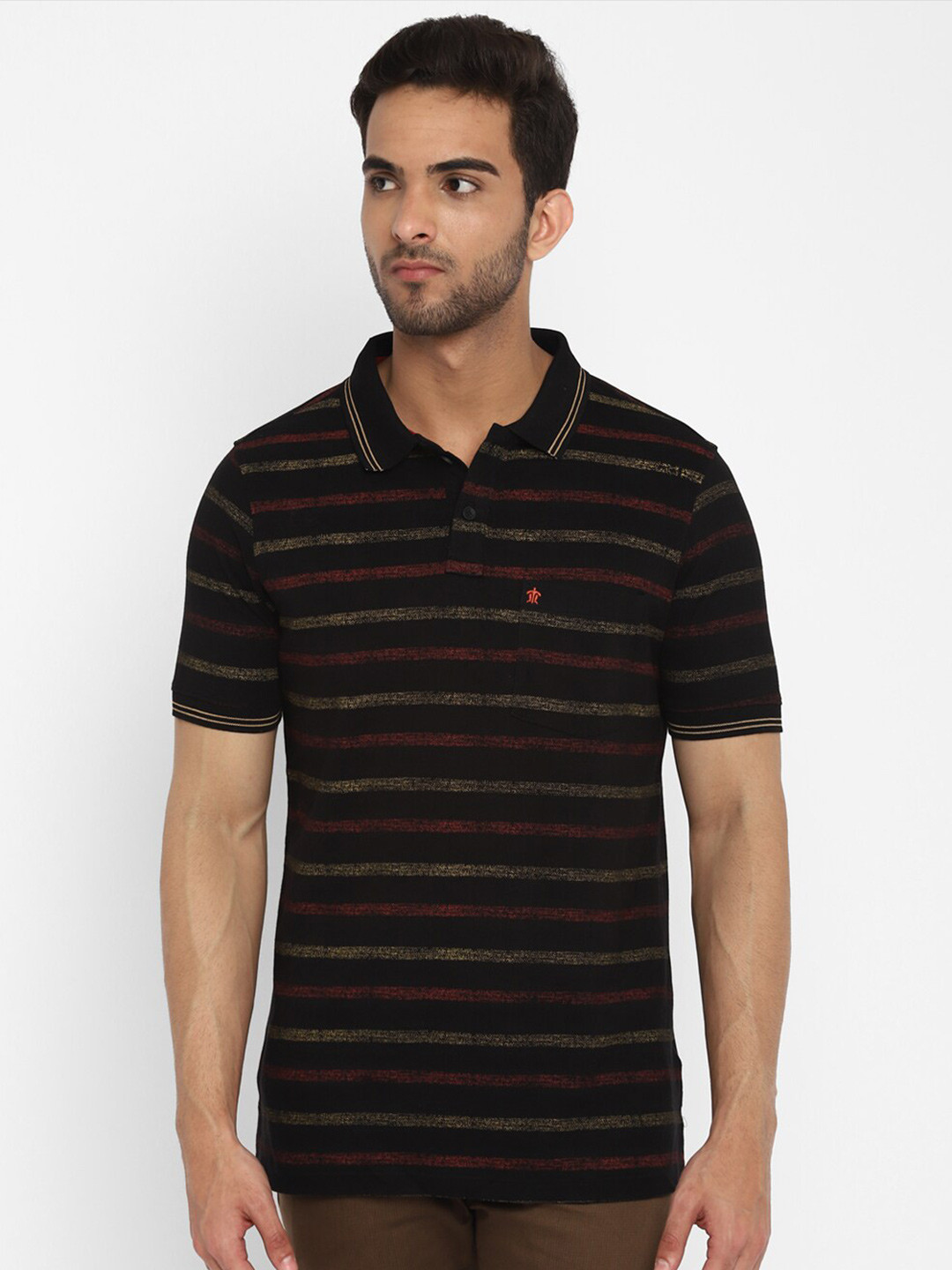 

Turtle Men Black & Red Striped Polo Collar Slim Fit Pure Cotton T-shirt