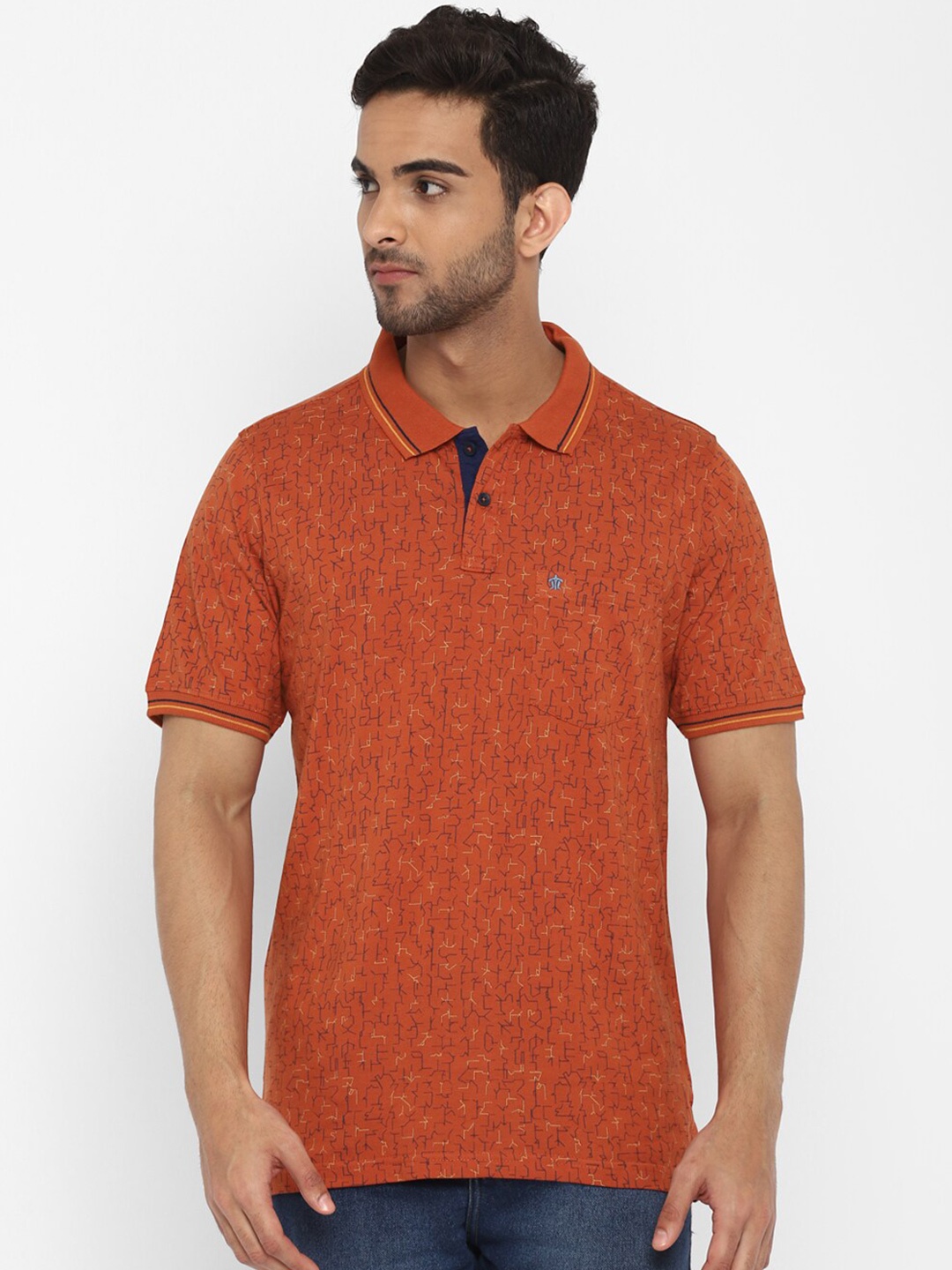 

Turtle Men Orange & Black Cotton Printed Polo Collar Slim Fit T-shirt