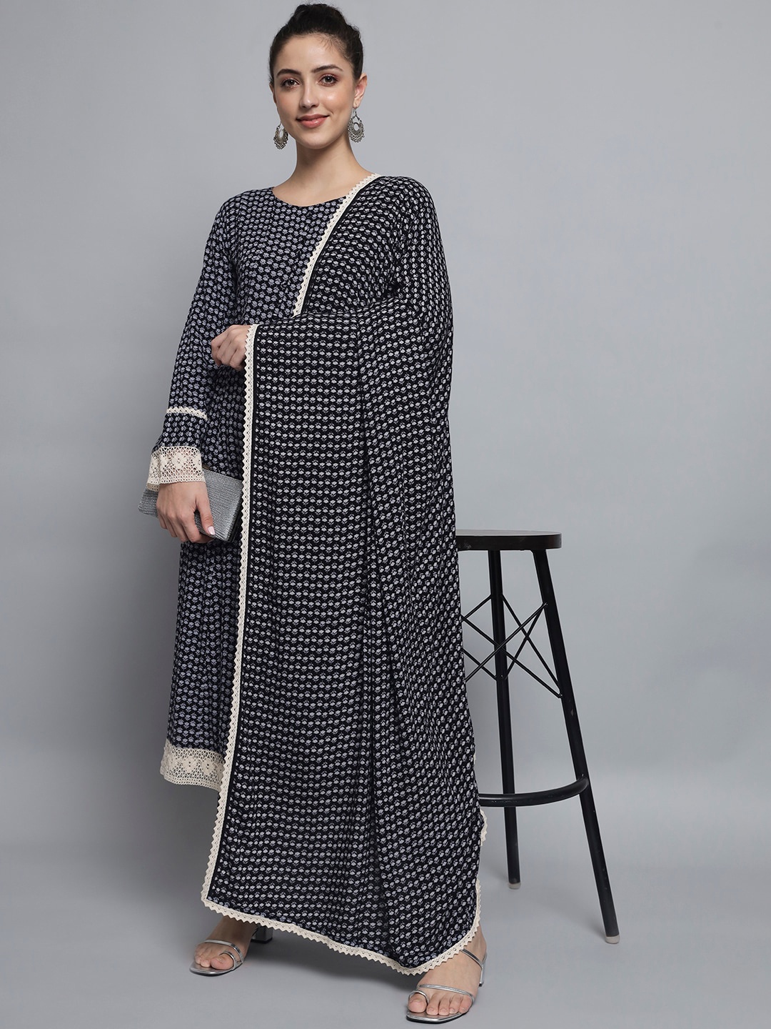 

Silai Bunai Women Navy Blue Printed Kurta with Trouser & With Dupatta Set