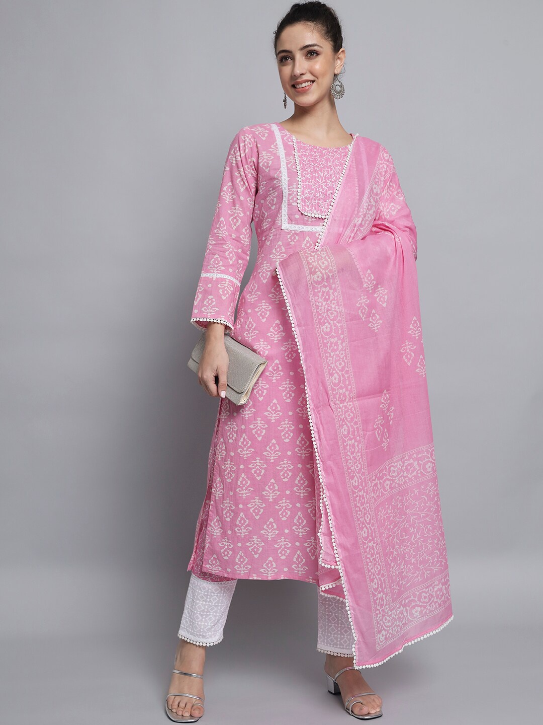 

Silai Bunai Women Pink Floral Printed Pure Cotton Kurta with Trousers With Dupatta