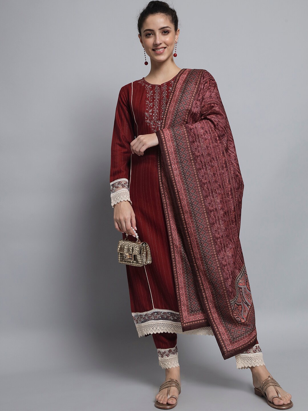 

Silai Bunai Women Maroon Floral Embroidered Chikankari Kurta with Trousers & With Dupatta