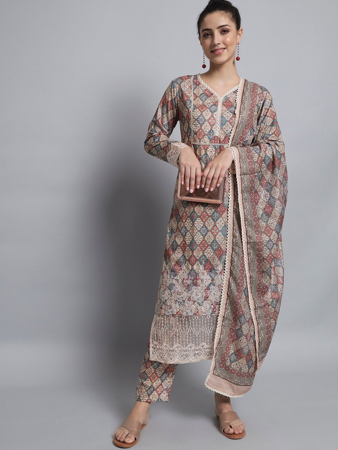 

Silai Bunai Women Taupe Ethnic Motifs Printed Kurta with Palazzos & With Dupatta
