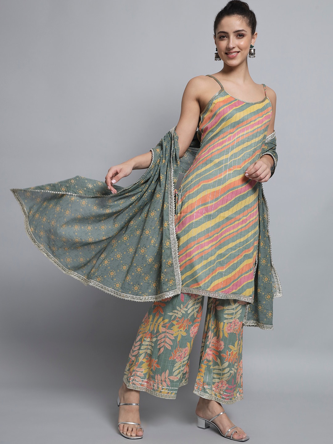 

Silai Bunai Women Green Floral Striped Pure Cotton Kurta with Palazzos & With Dupatta